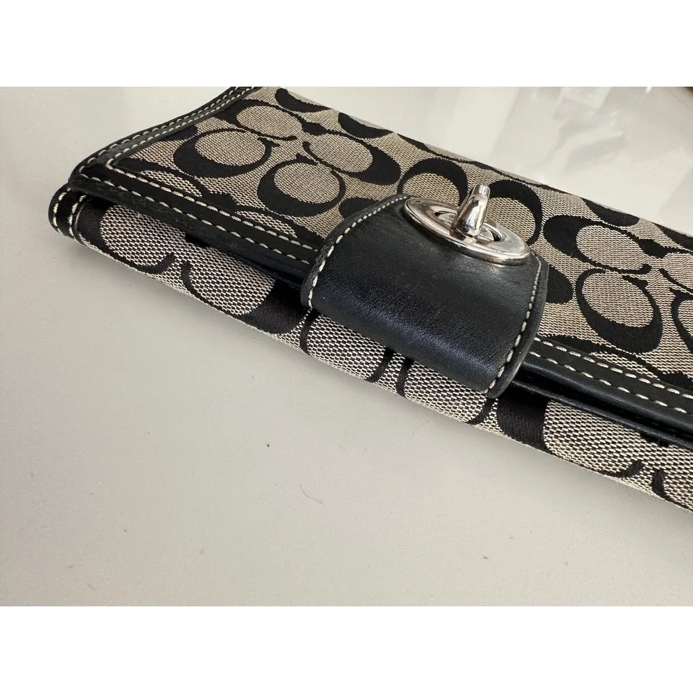 Coach Signature C Monogram Turnlock Trifold Long Wallet Black Canvas Leather Y2K